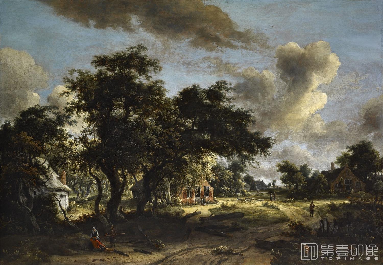 油画-美国弗里克美术馆藏画-Meyndert Hobbema - Village among Trees, 1665-157